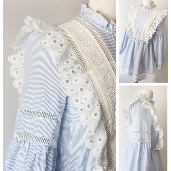 Blue Striped Cotton Eyelet Embroidery Ruffle Dress - Picture 4 of 8